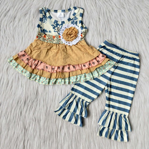 D10-27 baby girl clothes ruffles stripe sleeveless fall spring set