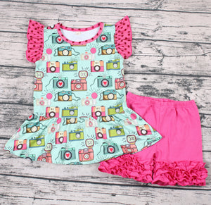 B8-21 baby girl clothes camera summer shorts set