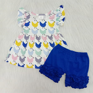 girl  summer blue chicken farm flutter sleeve set
