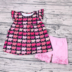 girl summer pink pig farm flutter sleeve set
