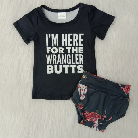A7-8 girl black i'm here for the wrangler butts short sleeve bummies set-promotion 2024.4.22 $2.99