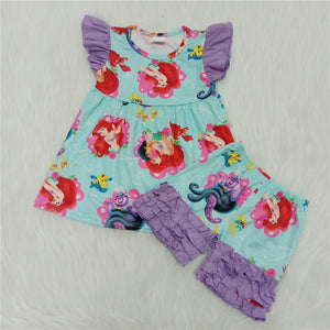 B16-21 girl  summer mermaid purple flutter sleeve set