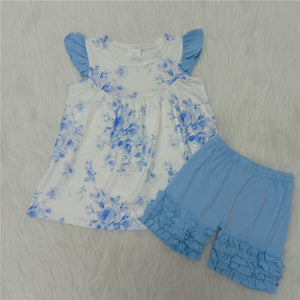 A14-9 toddler girl clothes blue floral summer outfit