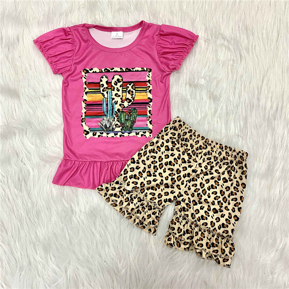 girl cactus leopard pink short sleeve set