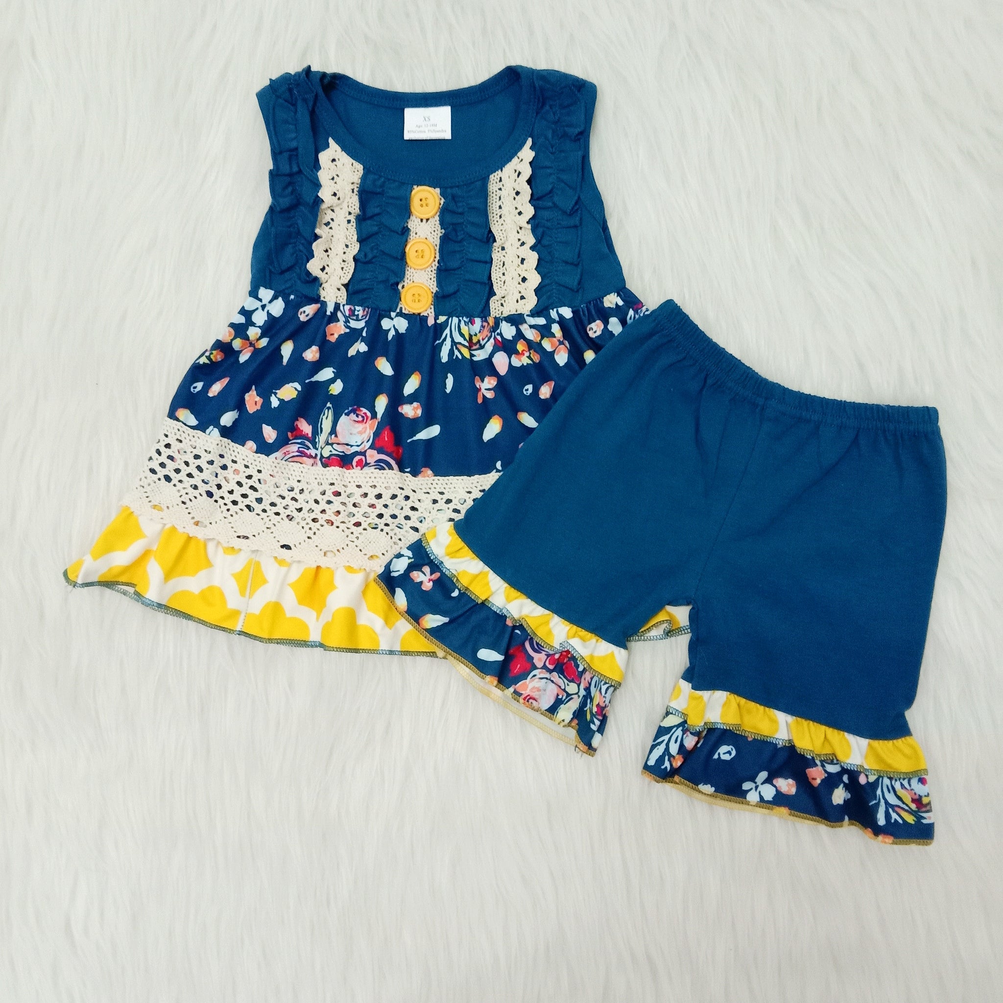 C0-11 toddler girl clothes navy ruffles sleeveless summer set