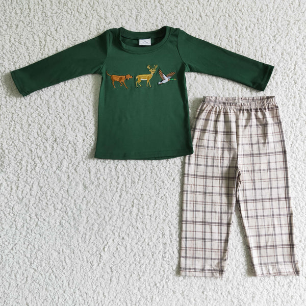 BLP0064 kids clothes boys green deer mallard hunting embroidery toddler boy outfits