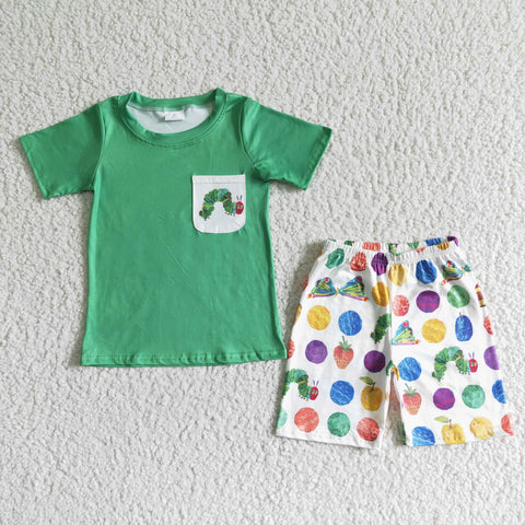BSSO0064 kids clothing boy green caterpillar pocket set