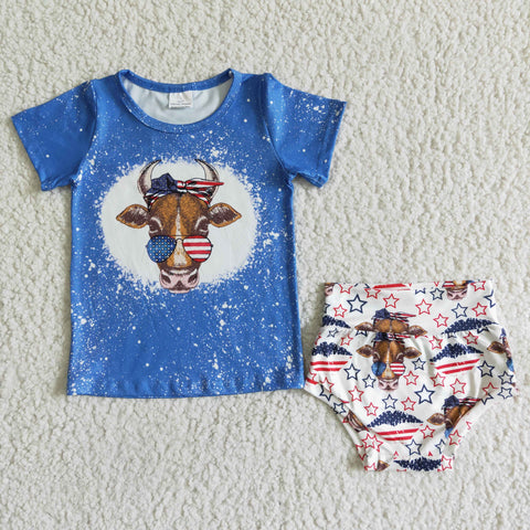kids clothing blue july 4th cow summer bummies set