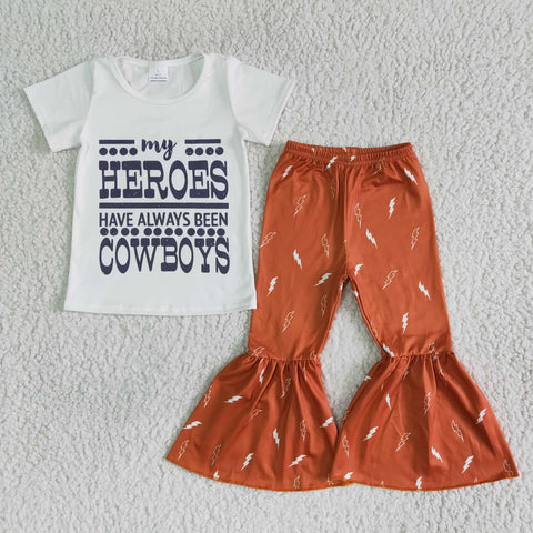 B15-30 kids clothing heroes cowboys orange short sleeve fall spring set-promotion 7.17