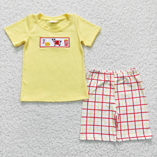 BSSO0112 baby boy clothes yellow cow farm embroidery summer outfits