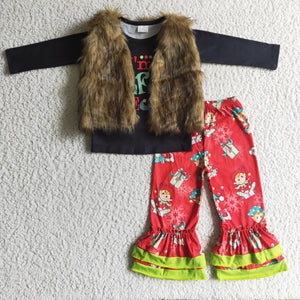brown fur vest red cartoon christmas outfits baby girl clothes 5