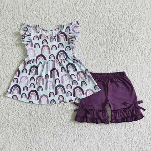 girl clothes summmer purple rainbow flutter sleeve set