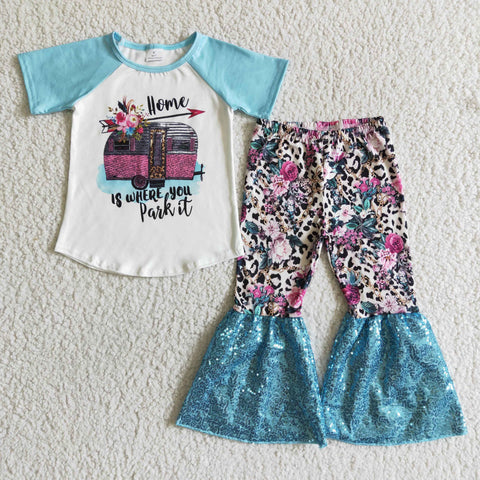 kids clothing home blue sequin fall spring short sleeve set