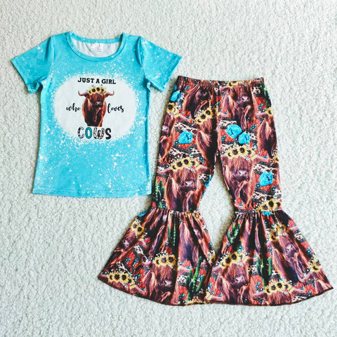 B0-3 girl clothes just a girl who loves cows blue short sleeve setpromotion 2024.4.5 $2.99