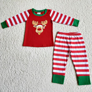 6 B2-22 boy red stripe deer emboridery christmas pajamas set-promotion 2023.11.25