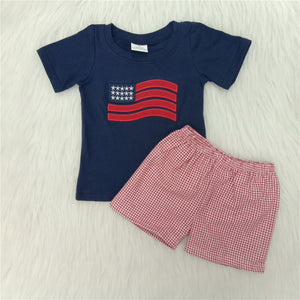 boy summer navy flag emboridery July 4th woven shorts set