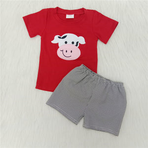 boy summer cow farm emboridery woven shorts set