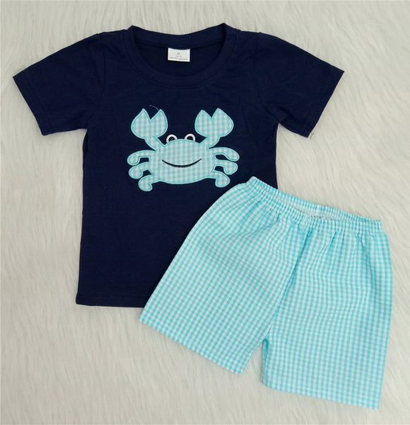 A16-14 baby boy clothes summer navy crab emboridery woven shorts set
