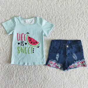 girl clothes watermelon summer denim shorts 2pcs set