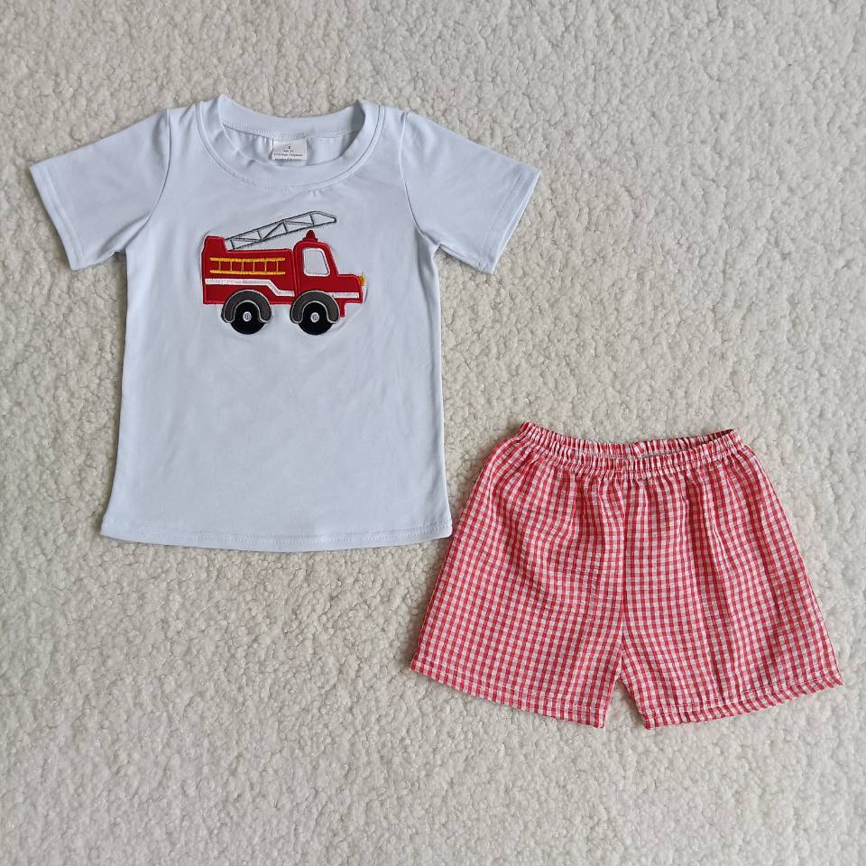 boy summer fire truck emboridery woven shorts set