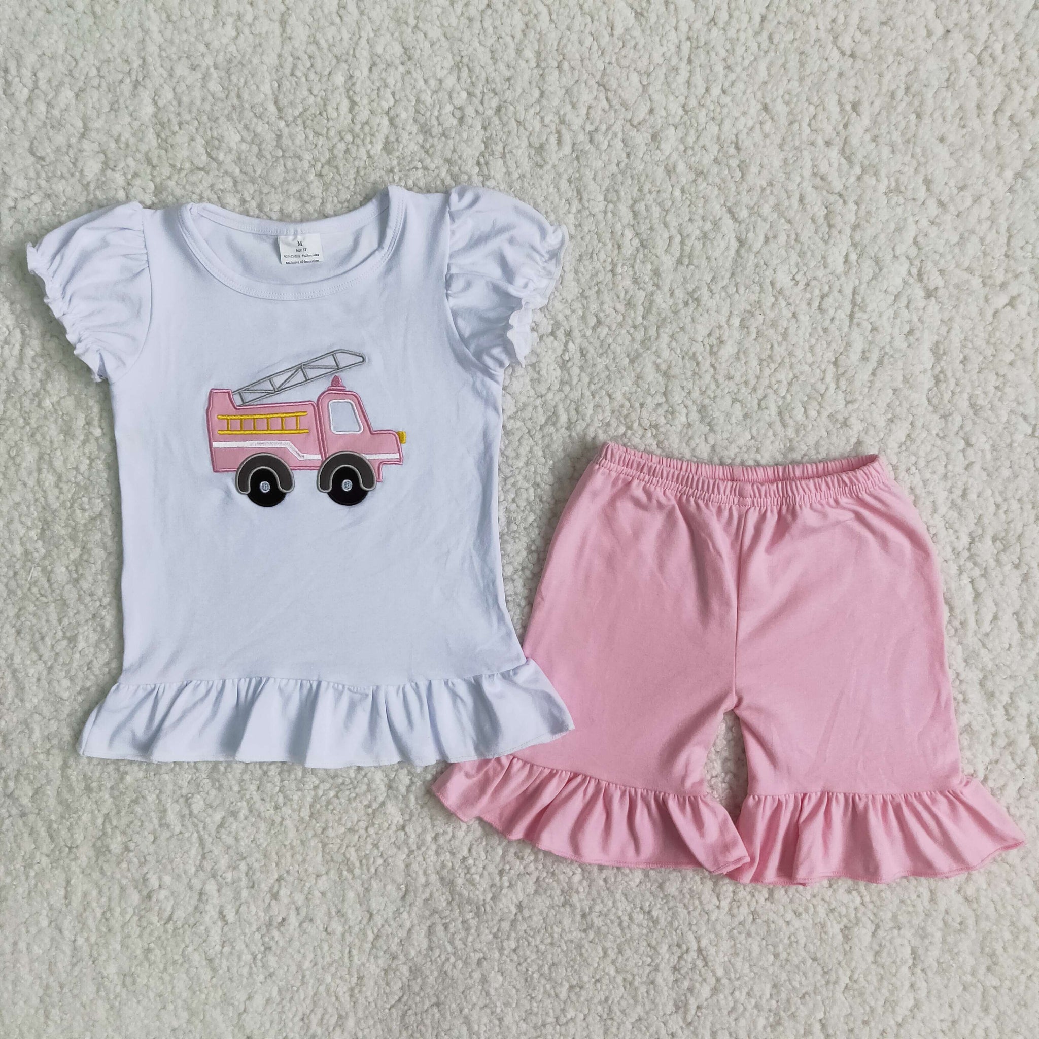 B3-4 girl summer fire truck emboridery woven shorts set