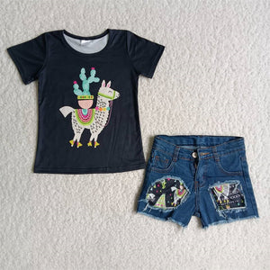 girl clothes black llama summer denim shorts 2pcs set