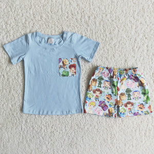 C14-24 toddler boy clothes blue cartoon pocket summer outfit