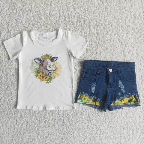 C7-3 girl clothes cow farm summer denim shorts 2pcs set
