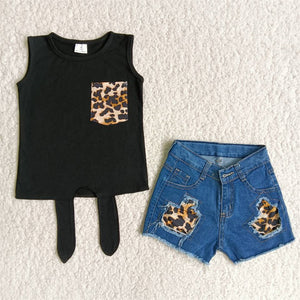 girl clothes black leopard  summer denim shorts 2pcs set
