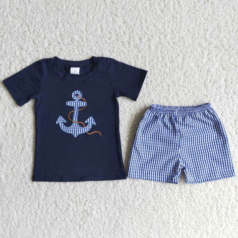 boy summer navy anchor emboridery July 4th woven shorts set