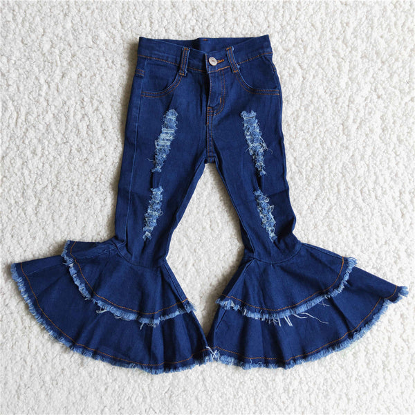 C12-9 Girls blue double ruffles denim trousers girl jeans girls bell bottom pants