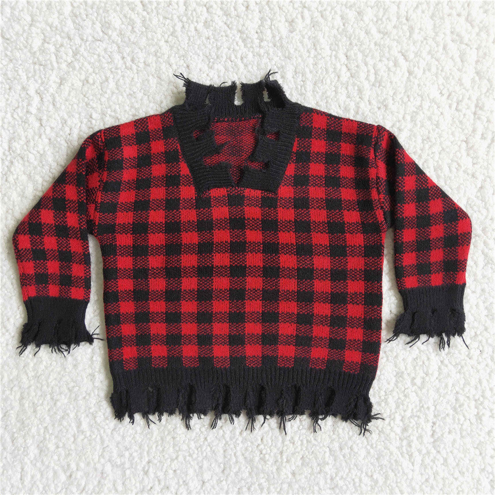 6 A4-14 girl winter red plaid sweater long sleeve top