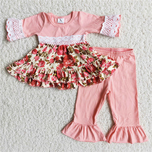 6 A17-26 girl pink lace floral flower 3/4 sleeve fall spring set-promotion 2023.9.4