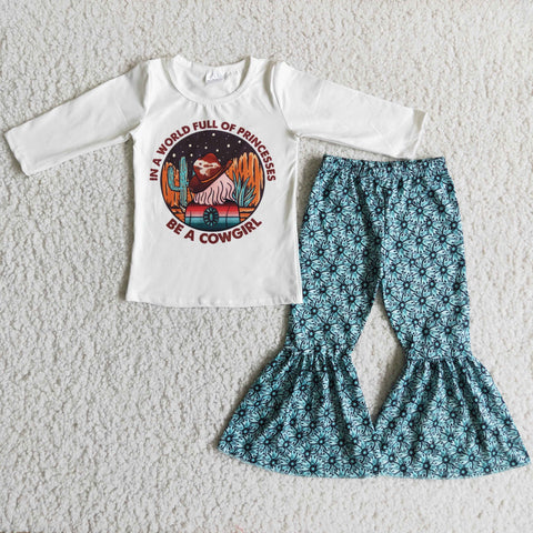 6 A14-29 baby girl clothes 3/4 sleeve be a cowgirl cactus hat white top set-promotion 2023.10.9