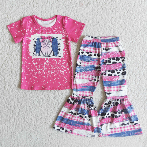 E3-29 kids clothing pink pig short fall spring leopard sleeve set-promotion 2024.1.27