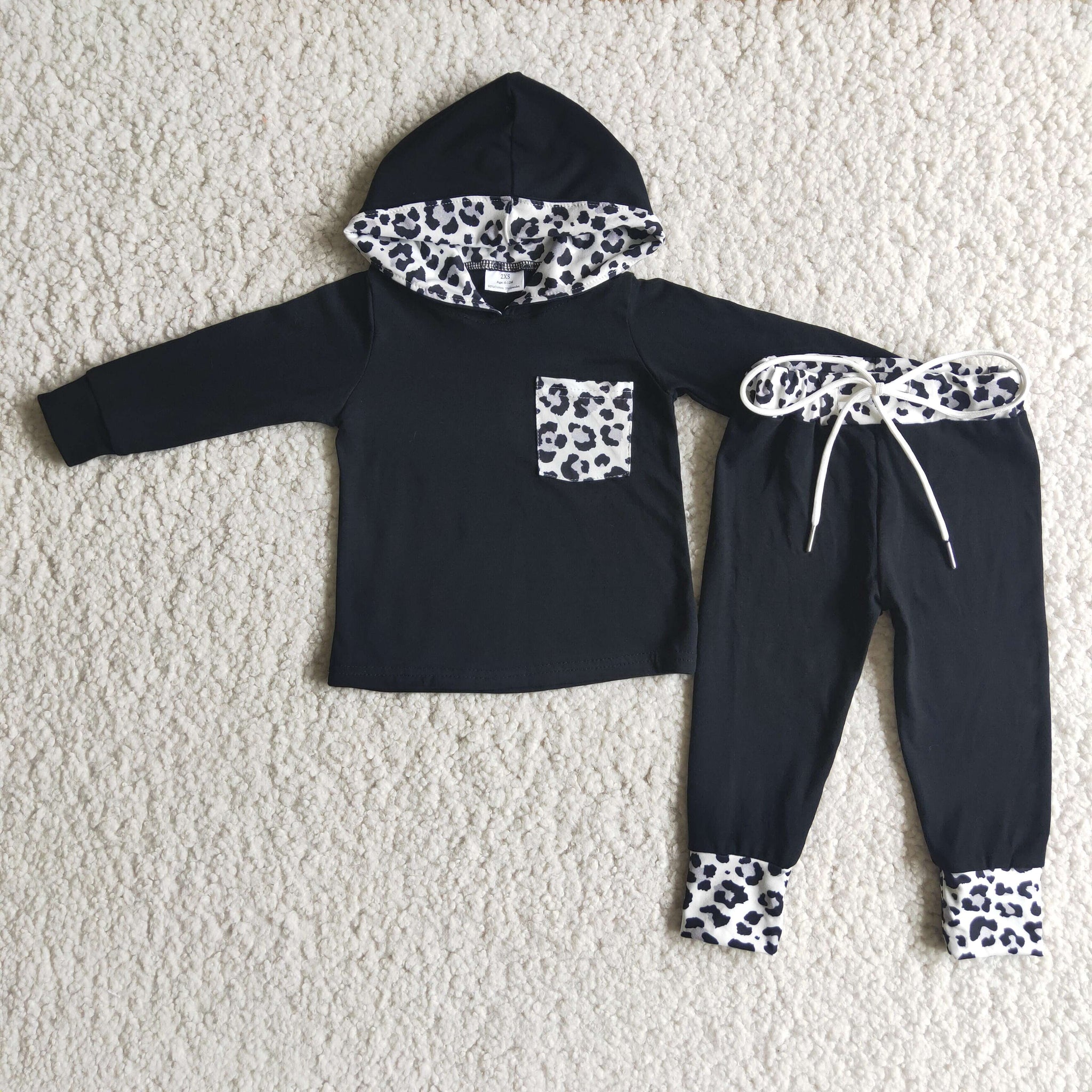boy hoodies black leopard winter pocket winter long seelve set