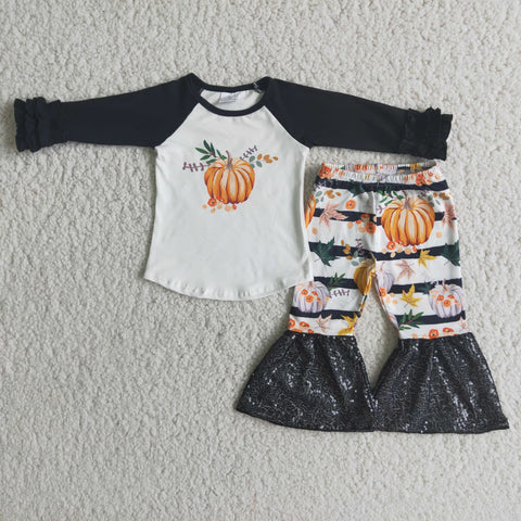 girl halloween black pumpkin squin set