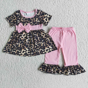 girl leopard pink bow short sleeve fall spring set