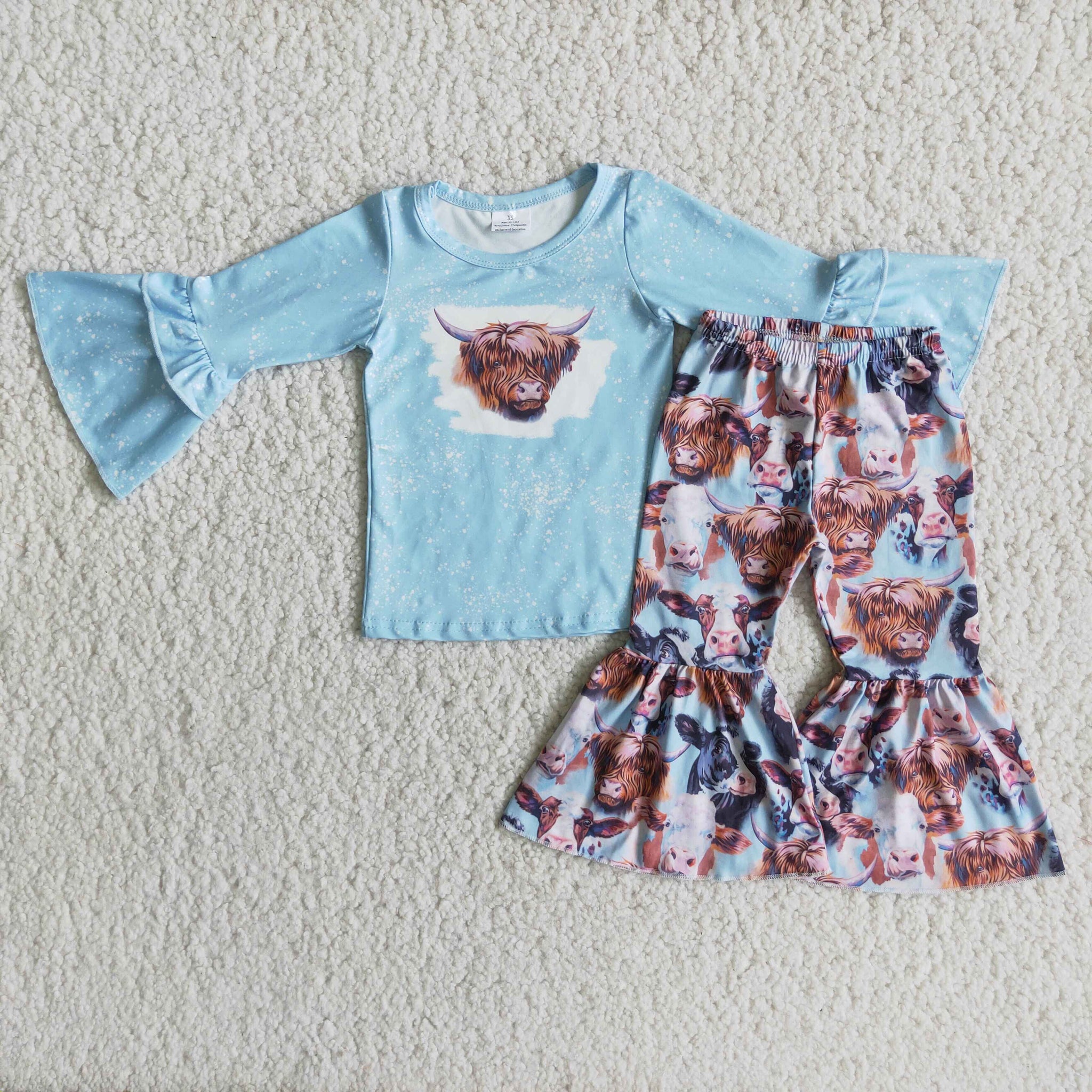girl cow farm long sleeve blue set matching outfit