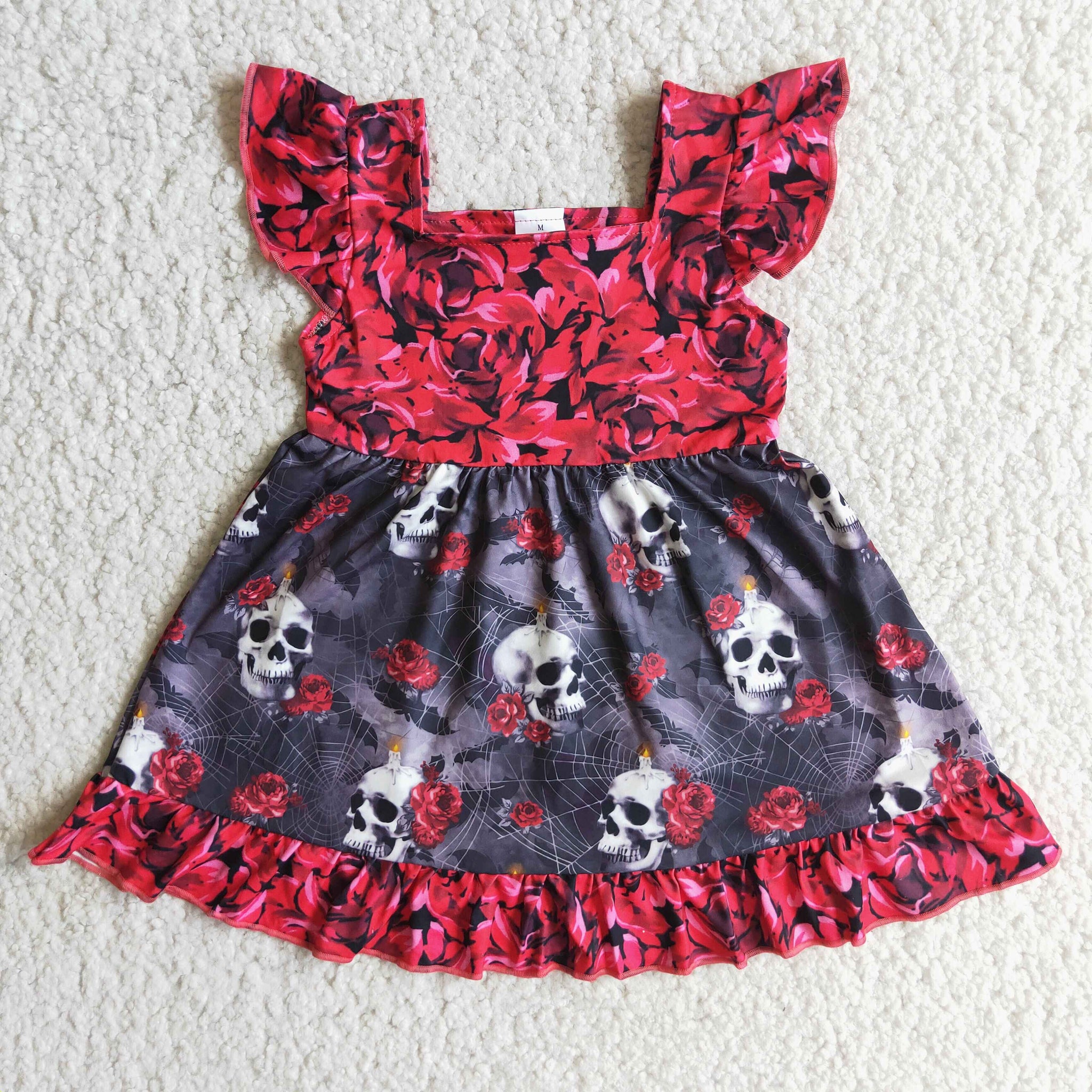 E1-13 skull red flutter sleeve kids clothes girls halloween girls dress-promotion 2023.9.11