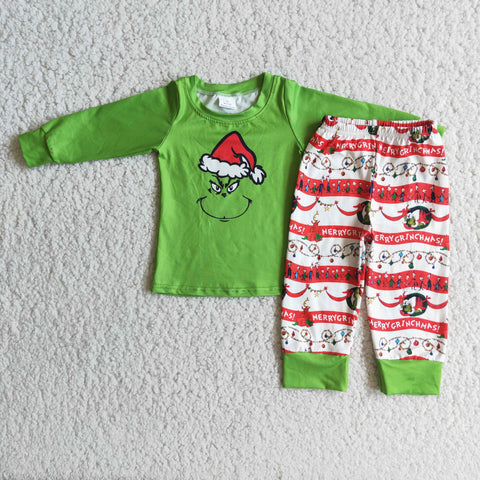 6 A14-19 baby boy clothes green carttoon boy christmas pajamas set