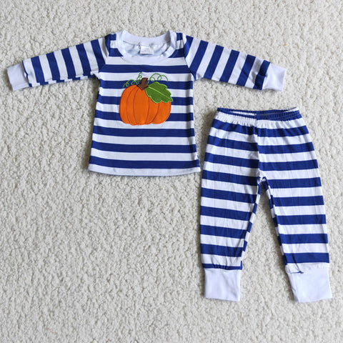6 A25-26 Boy pumpkin emboridery blue stripe pajamas winter set-promotion 2023.10.4