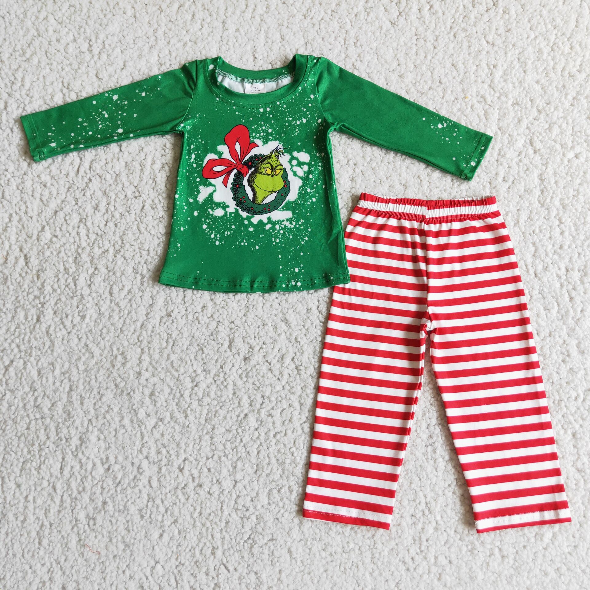 6 A12-4 boy green christmas red stripe long sleeve pajamas outfit set - promotion 2023.10.21