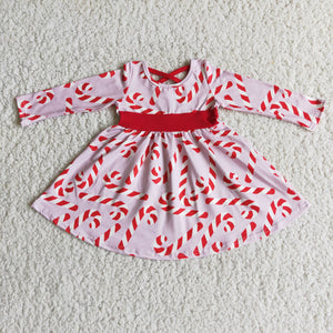 6 A12-18 Christmas crutch candy cane long sleeve red dress-promotion 2023.11.25