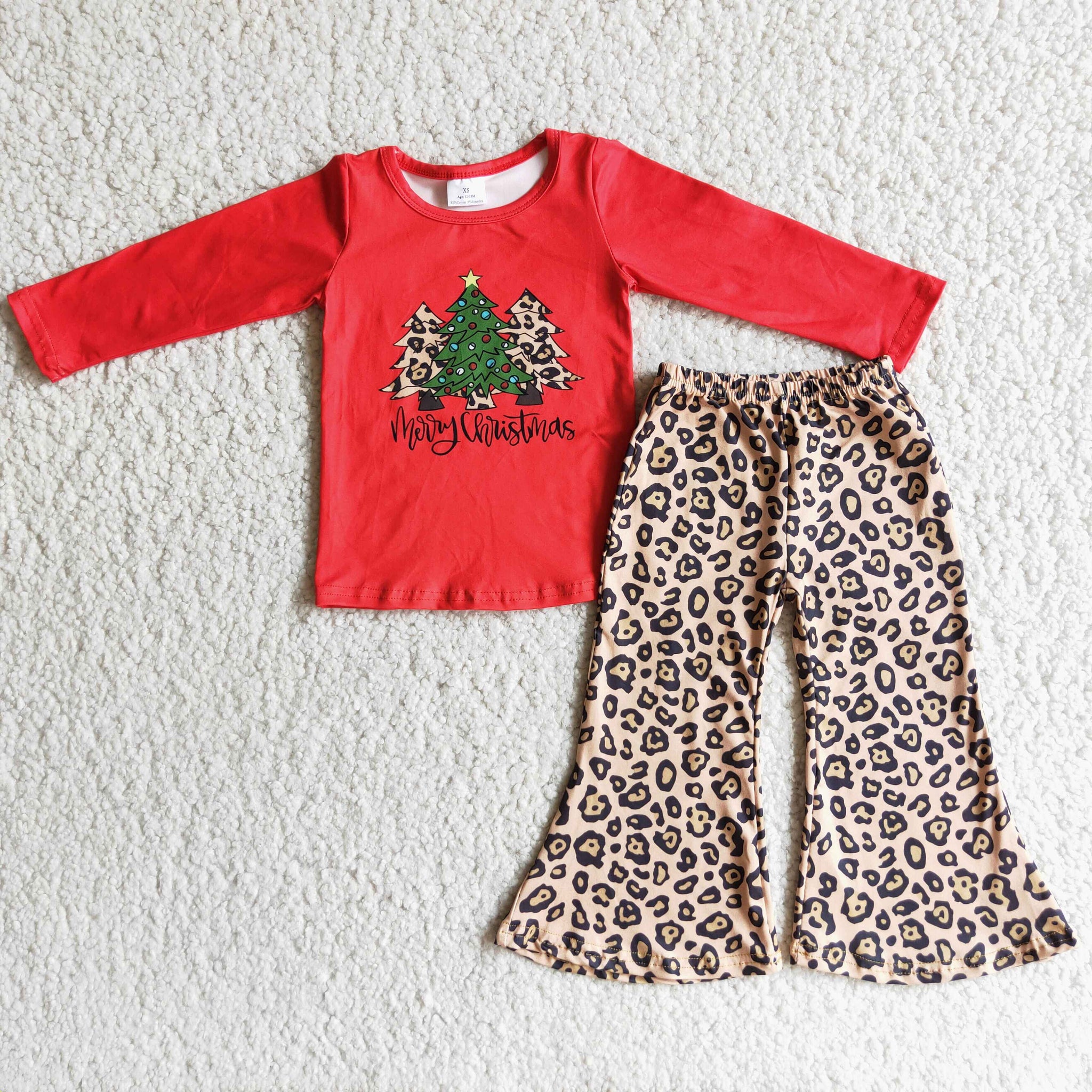 girl tree leopard bell pants winter christmas long sleeve set