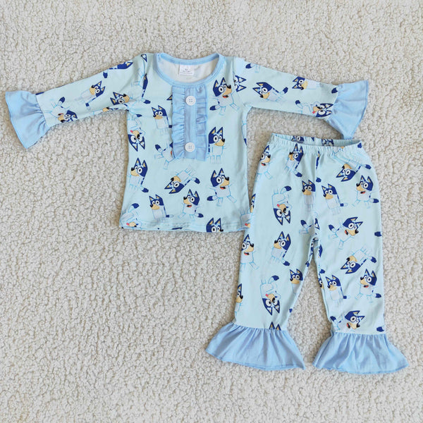 girl blue cartoon long sleeve set pajamas  dog