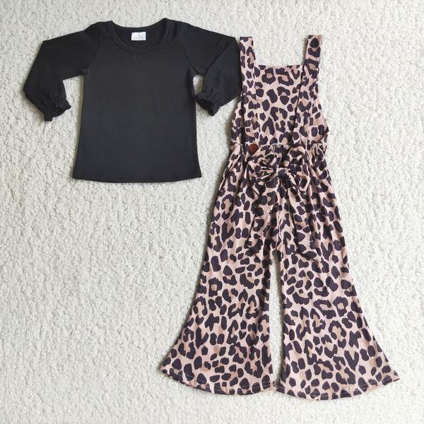 girl leopard winter long sleeve set black shirt +jumpsuit