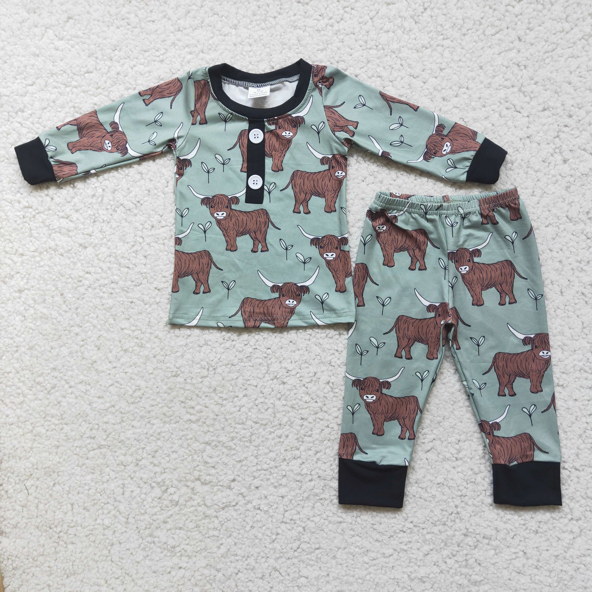 6 C11-23 boy cow green farm winter long sleeve pajamas set