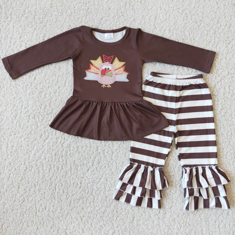 6 A29-17 baby girl clothes turkey brown stripe thanksgiving winter set-promotion 2023.10.9