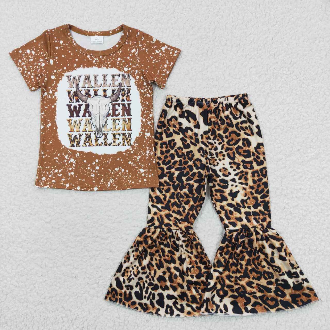 GSPO0592 kids clothes girls leopard wallen cow girl bell bottom outfit spring fall set